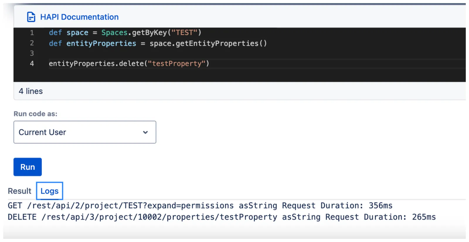 Code example showing the delete(String key) method and its usage