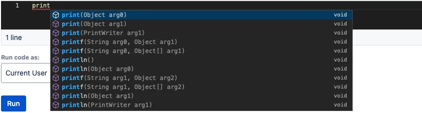 Screenshot of code editor with list of suggested completions showing.