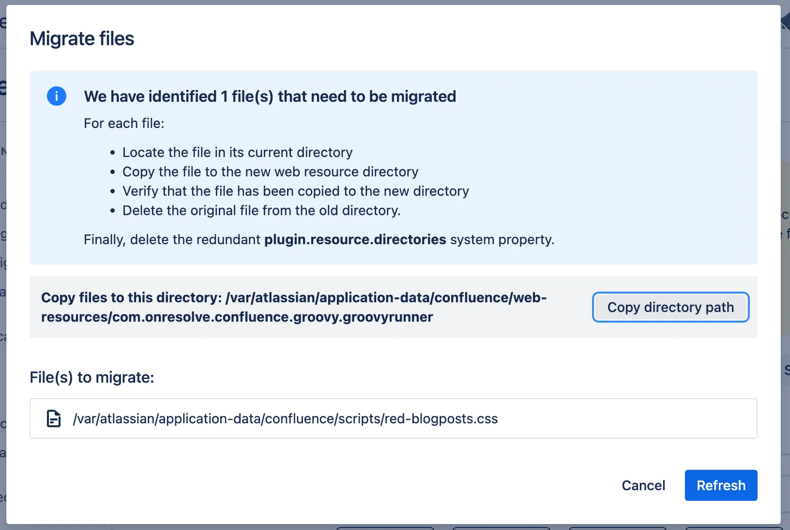 The Migrate files wizard with the Copy directory parth button hilighted.