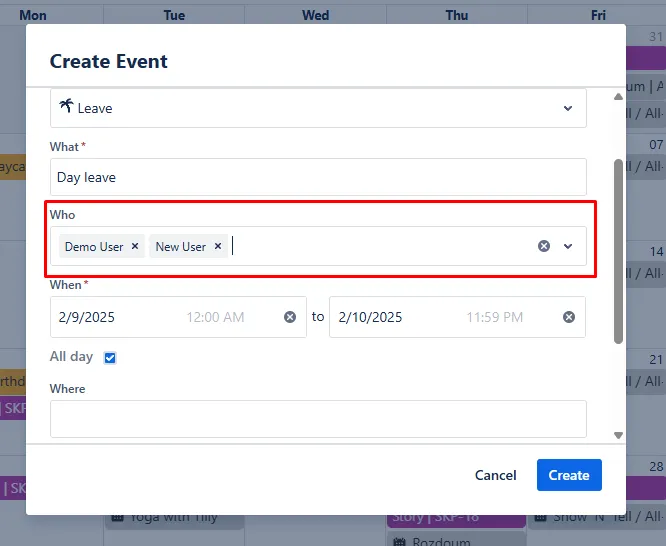 Who field with multiple user names entered and matching user suggestions displayed in a dropdown list