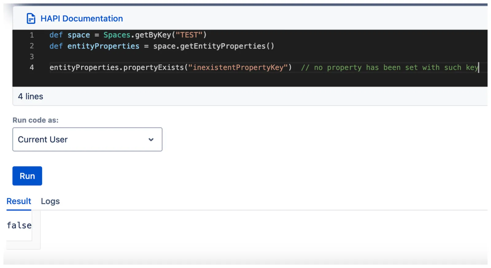 Diagram showing the propertyExists(String key) method signature
