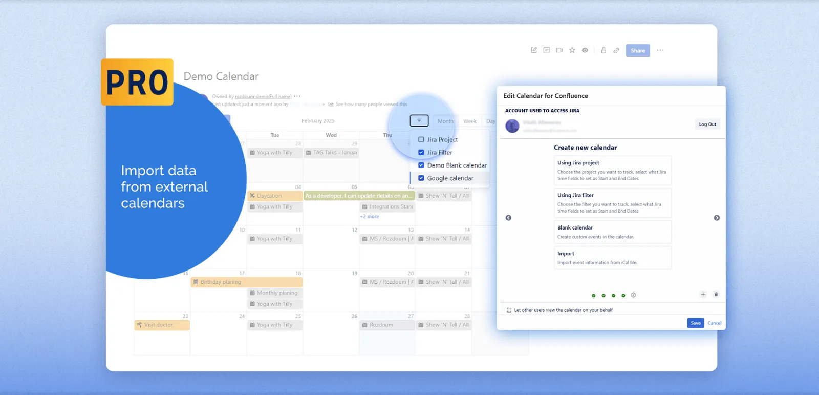 Calendar for Confluence Pro banner highlighting importing calendars, creating custom events, and syncing Jira issues