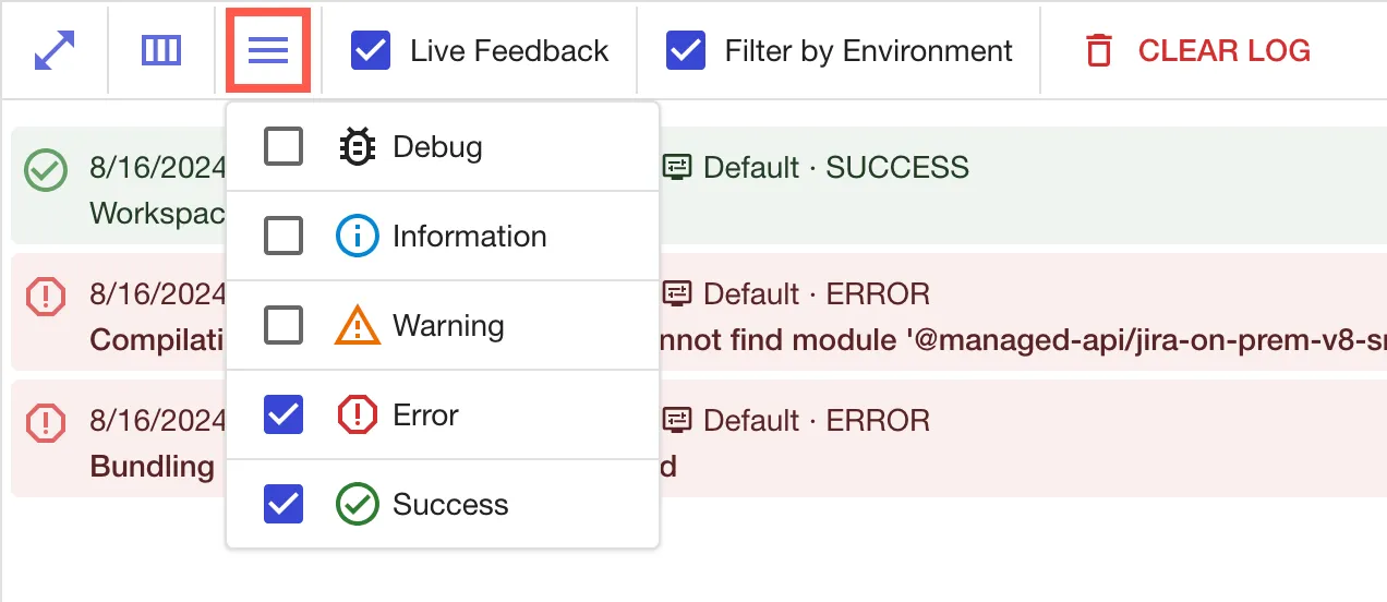 The log-message type filter highlighted.