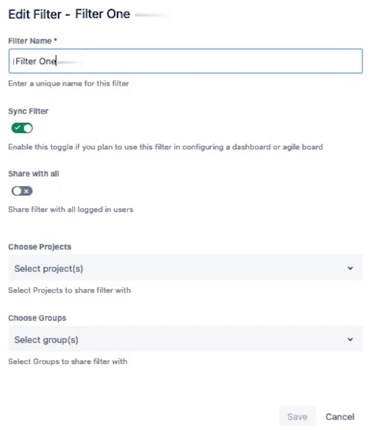 Fields available for editing in the Edit Filter dialog for an Enhanced Search saved filter.