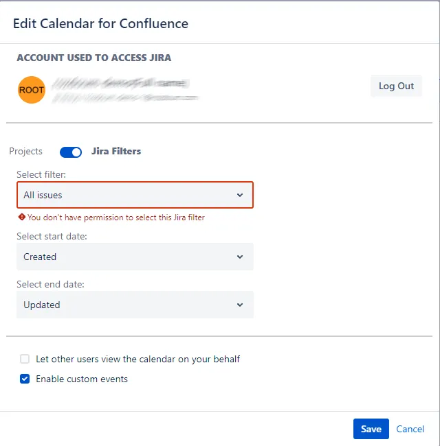 Calendar for Confluence macro configuration screen showing a warning that the selected Jira project or filter is not available due to insufficient permissions.