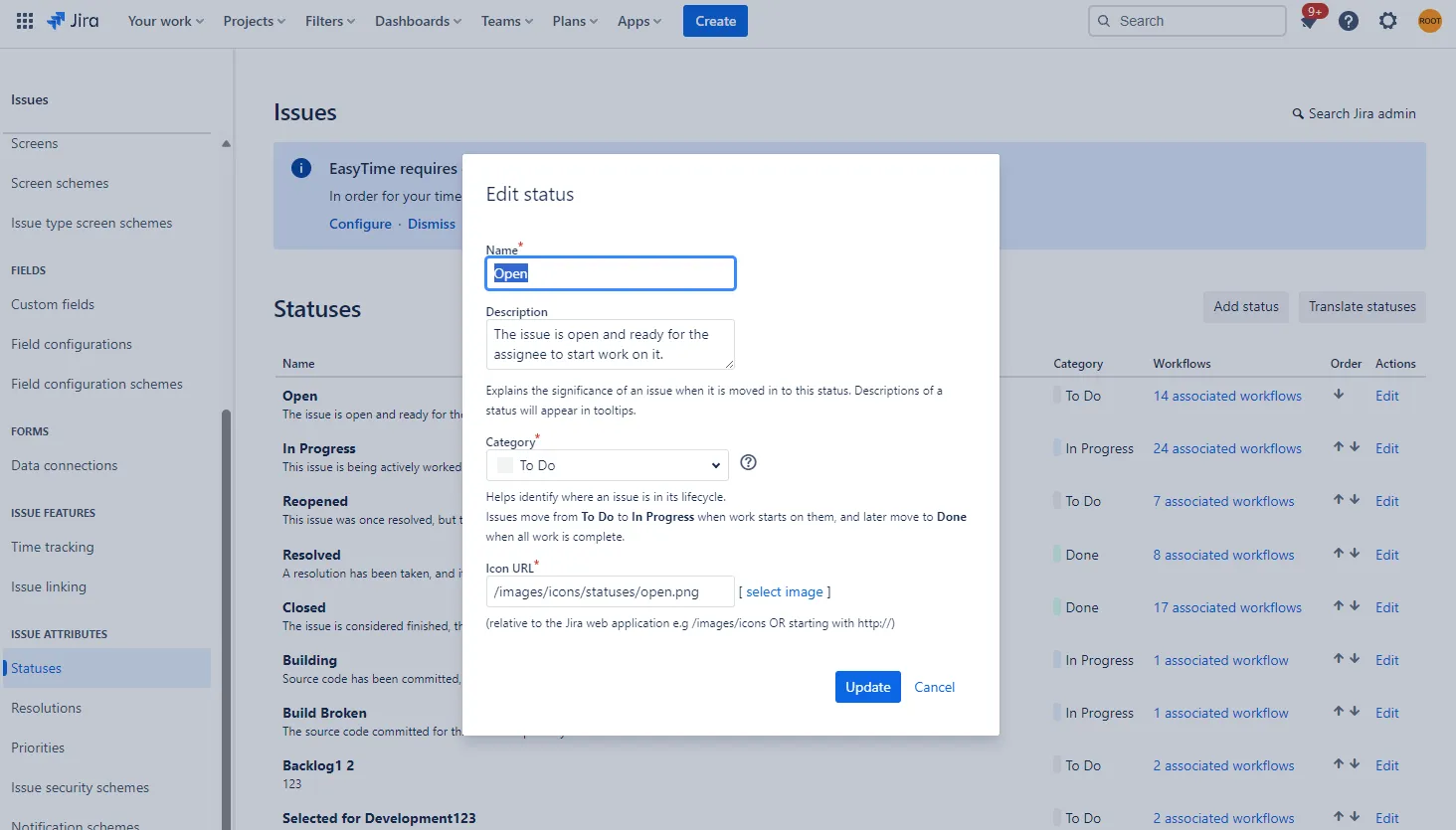 Image showing the Edit Status pop-up