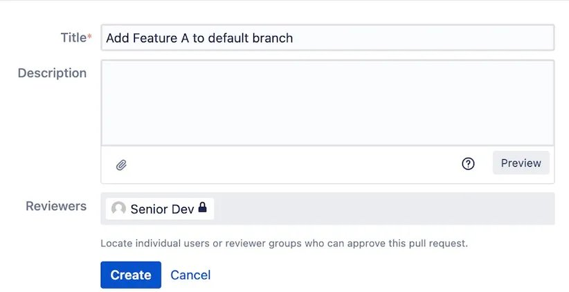 Example pull request showing Senior Dev added as a mandatory reviewer on the default branch