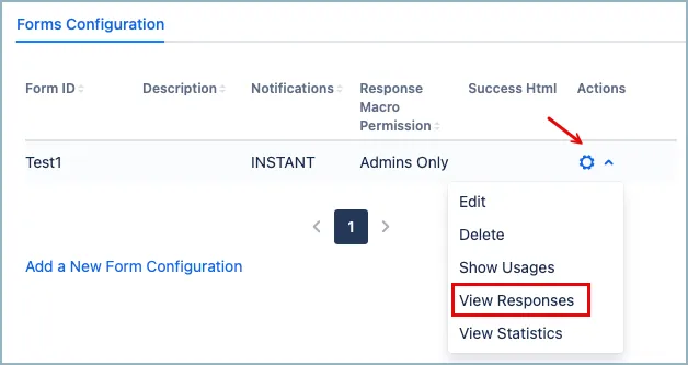 View Responses option in the Forms for Confluence tab highlighted in the cog icon menu