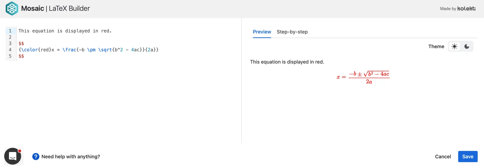 Red colored text in LaTeX Builder.