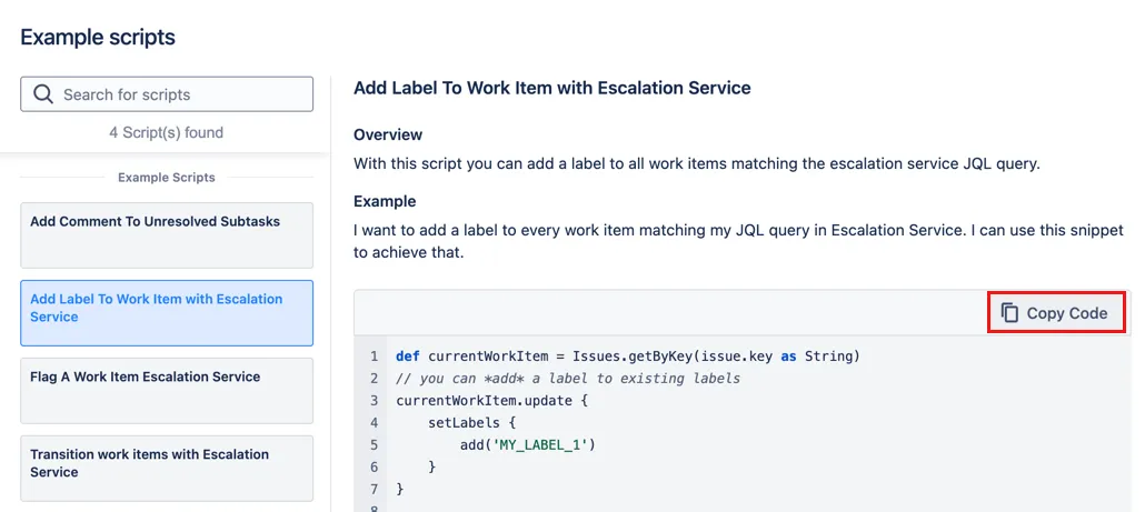 Example script modal showing the Copy Code button and sample escalation service script