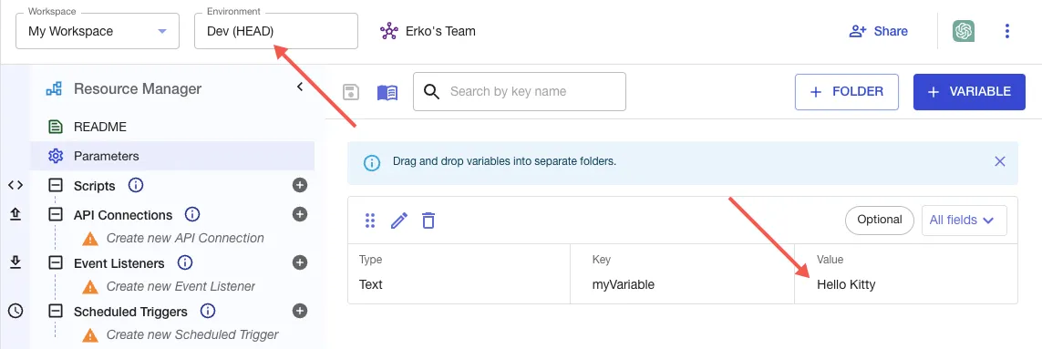 A screenshot of the Resource Manager with the Environment and Parameter Value variables shown.