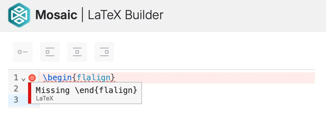 Example of LaTeX syntax error highlighting for an unclosed environment
