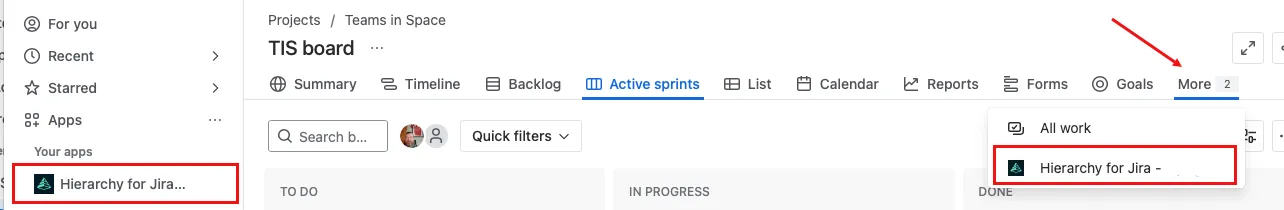 A screenshot showing the locations from which you can open Hierarchy for Jira in the project space.