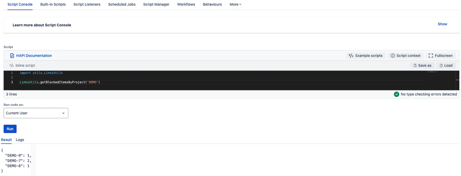 Screenshot of a Script Manager script that imports the LinksUtils.groovy utility class and calls the getBlockedItemsByProject method.