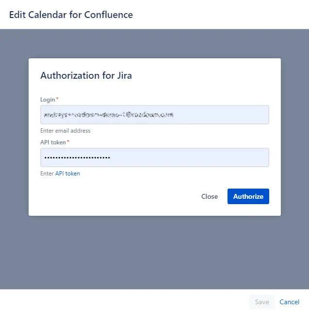 Authorization popup for Calendar for Confluence macro showing email and API token fields with Authenticate button