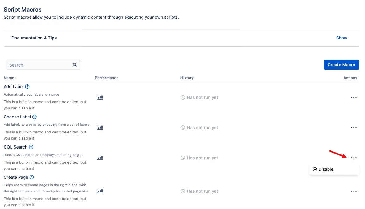 The Actions menu pointed out on the Macros homepage.