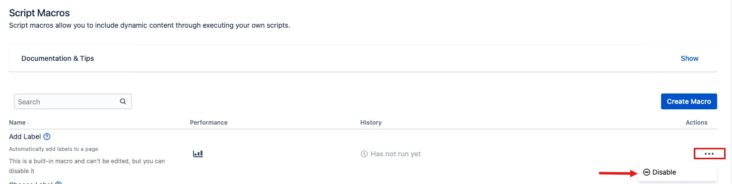The Disable option hilighted in the list of macros.