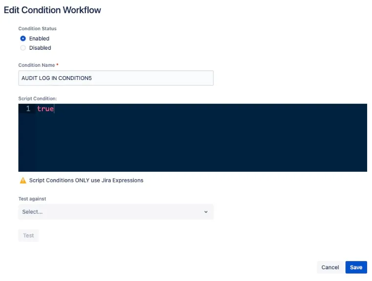 Workflow details screen showing the Edit condition workflow dialog with fields for configuring conditions and an Update button