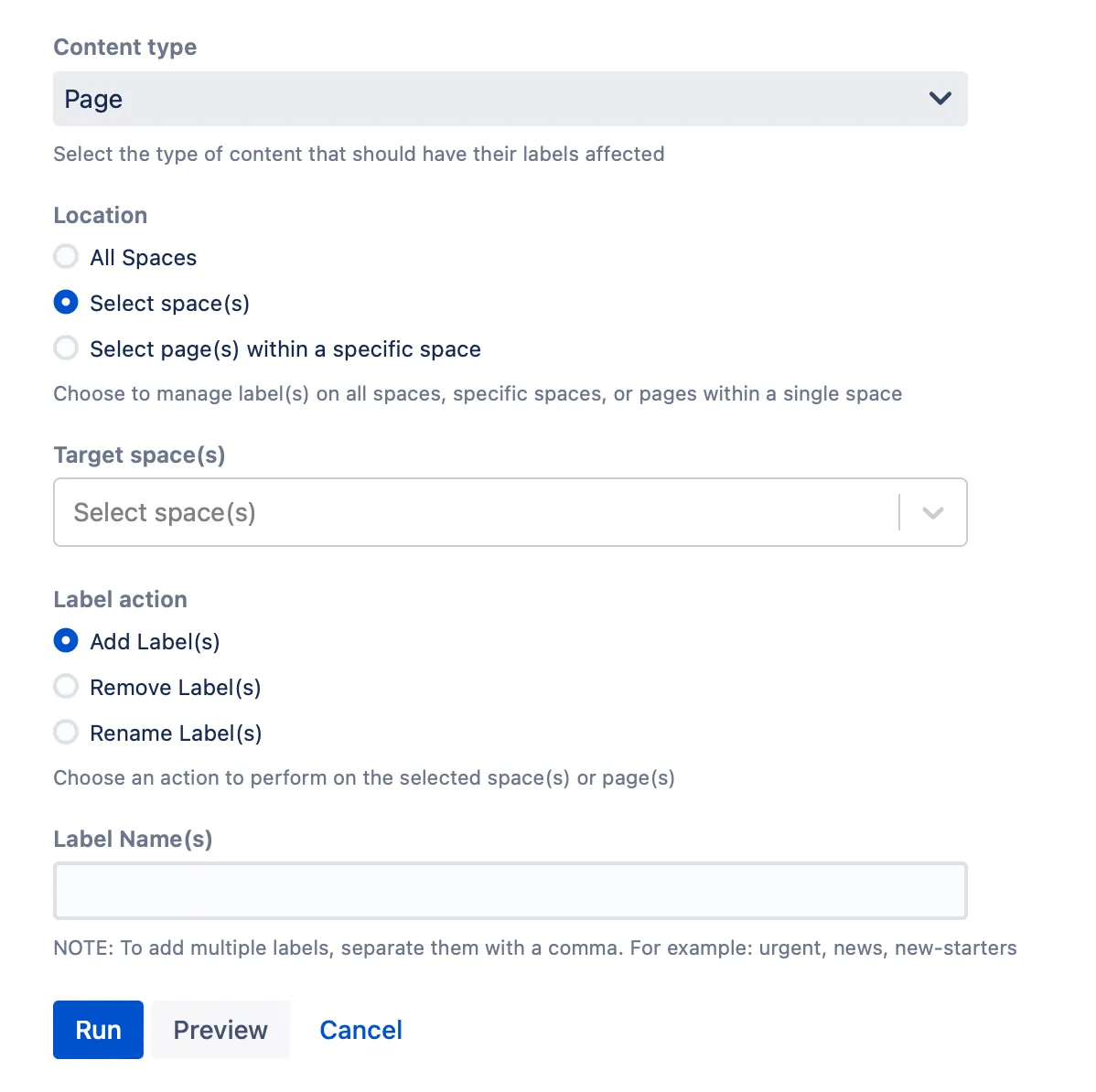 The script form filled out with content to add a label.