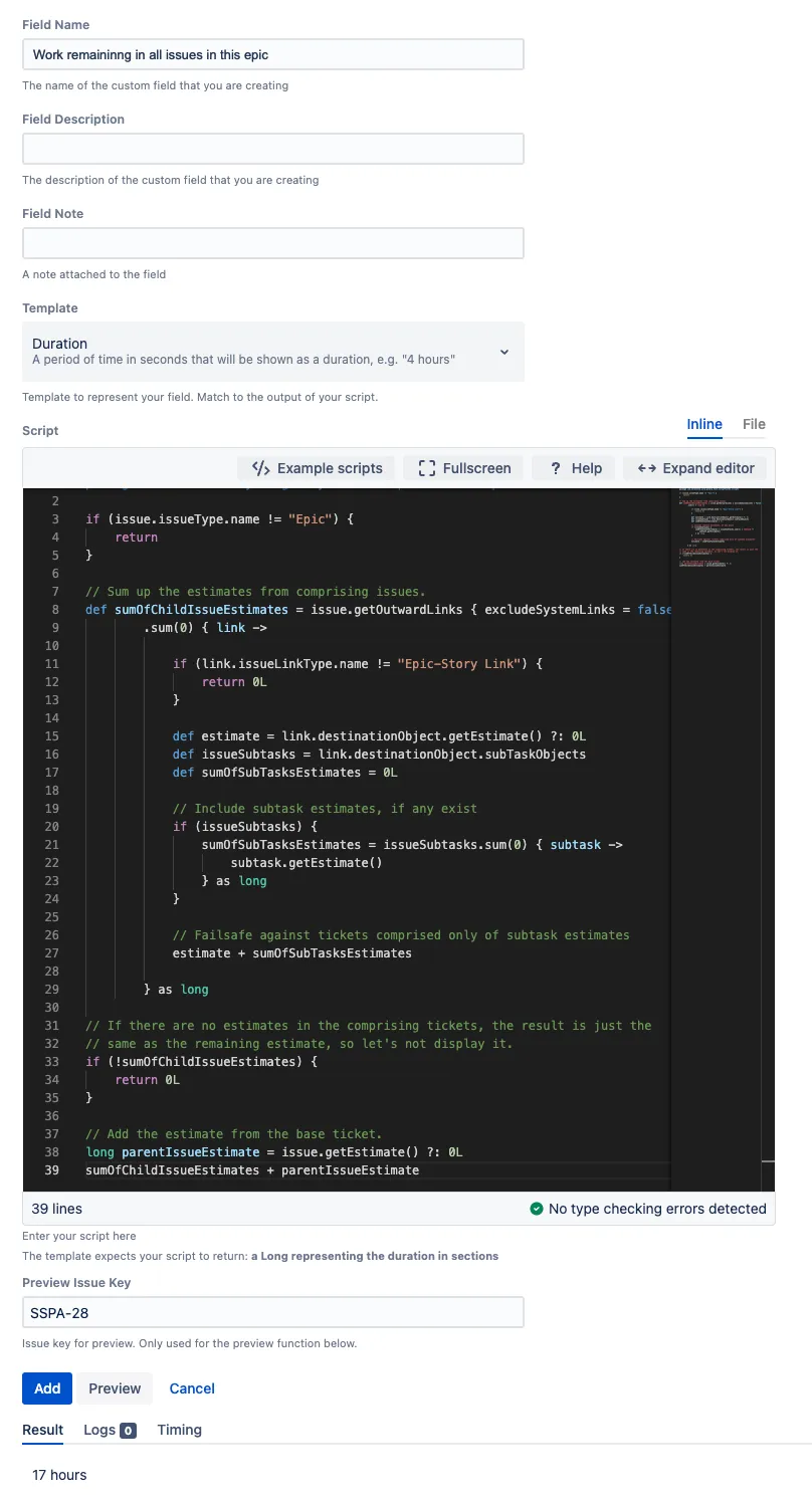 Issue view showing the custom “Work remaining in all issues in this epic” script field with time-tracking values displayed