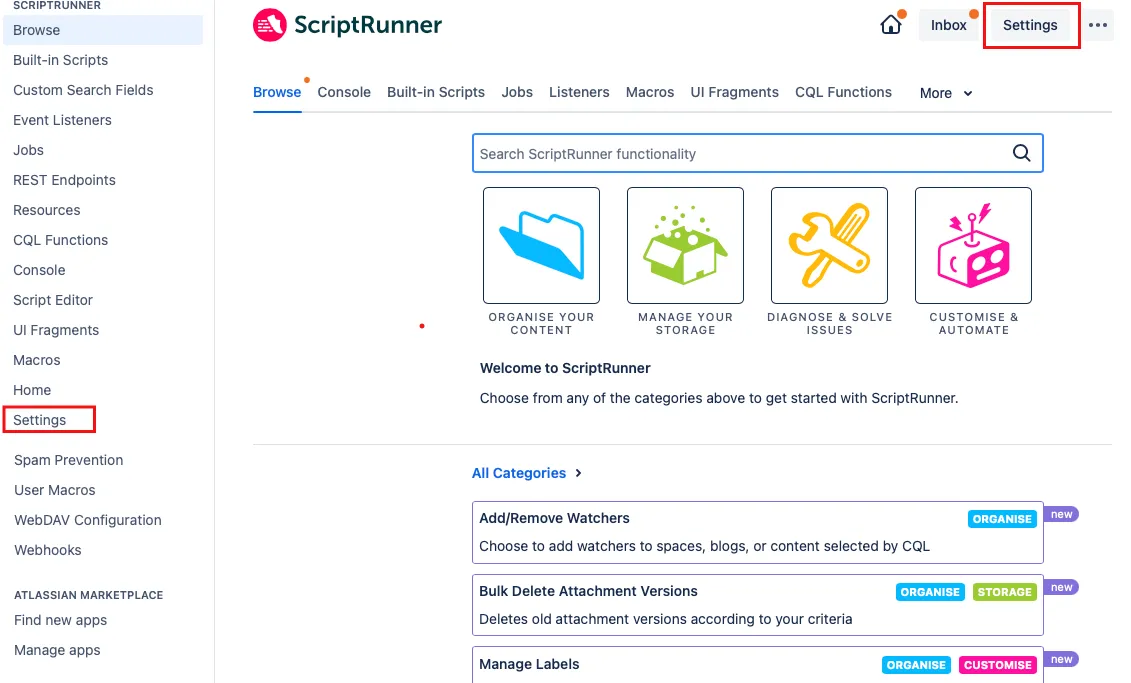 The Settings navigation options on the ScriptRunner Homepage.