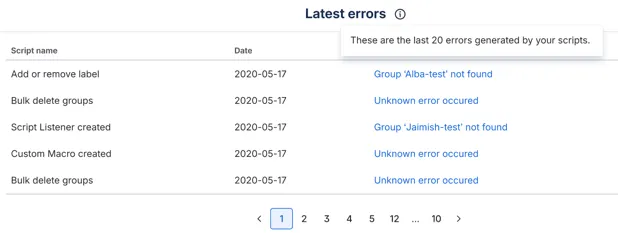 The Latest errors section of the Home page.