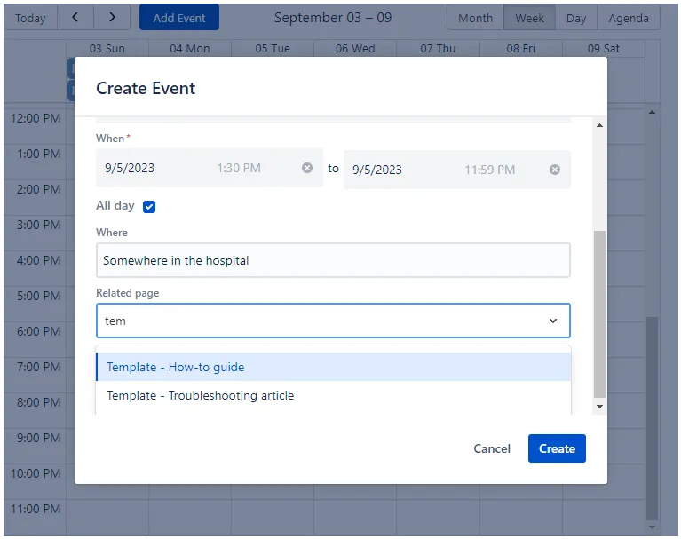 Related page field with a Confluence page selected and linked in the event creation form