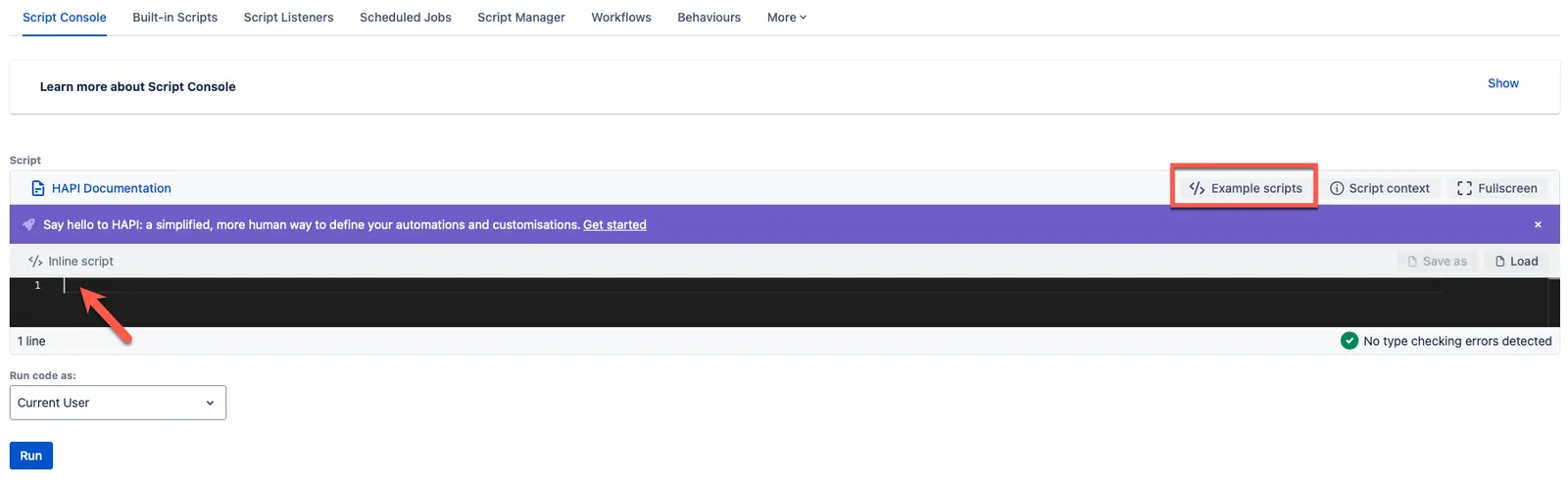 Initial Script Console screen showing the Script field and Example scripts button