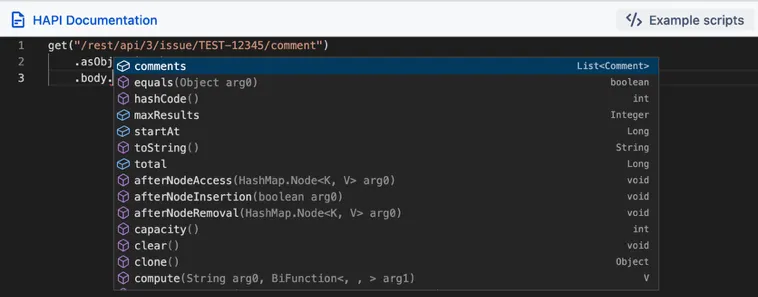 Autocomplete suggestions for the body.comments property showing available fields on each comment object.