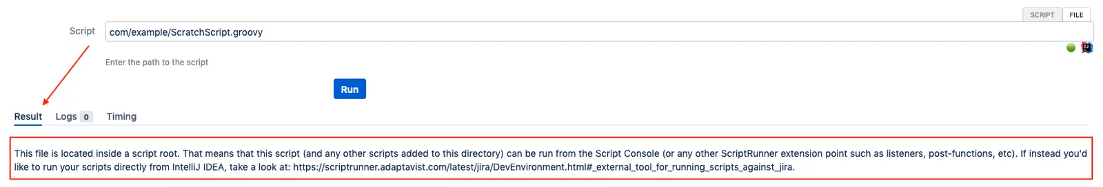 The Script Console, File tab with the Results section highlighted.