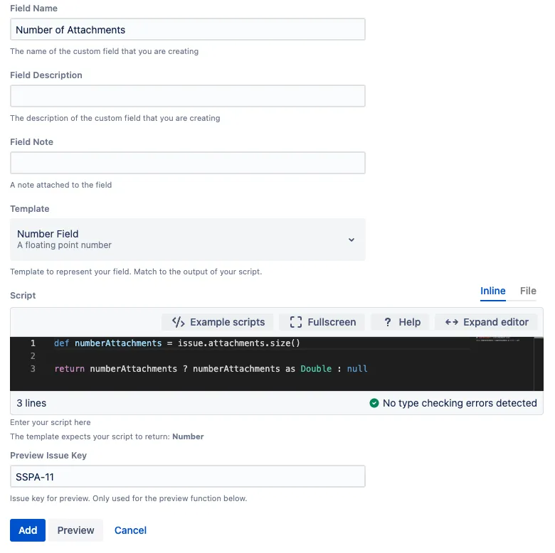 Custom field configuration screen showing the Number of Attachments script field and the Add button