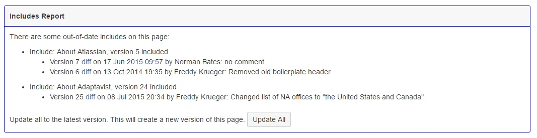 An example result from an Includes Report macro.