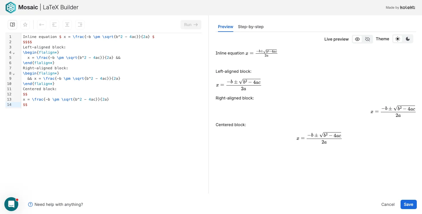 LaTeX Builder editor with several equations shown.
