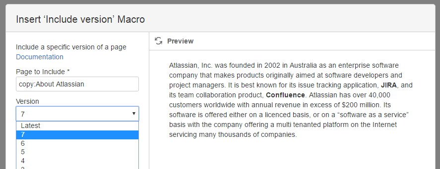 An Insert Include Version Macro dialog.