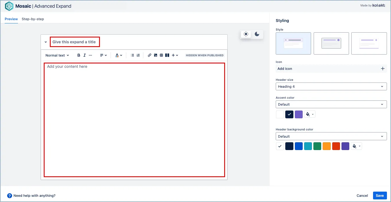 Advanced expand editor showing title and content fields.