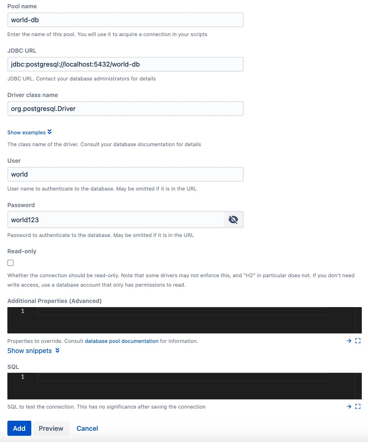 Jira database resource configuration screen showing connection details for the world database