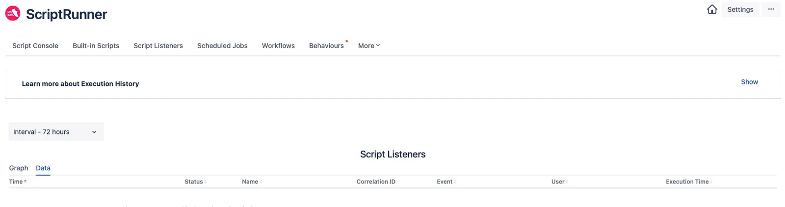 Table displaying data for all script listeners for intervals of 72 hours