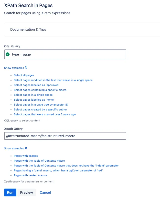 The XPath Search in Pages example configuration.