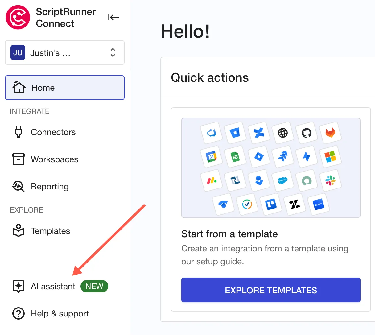 The AI assistant option highlighted in the ScriptRunner Connect left-hand navigation menu.