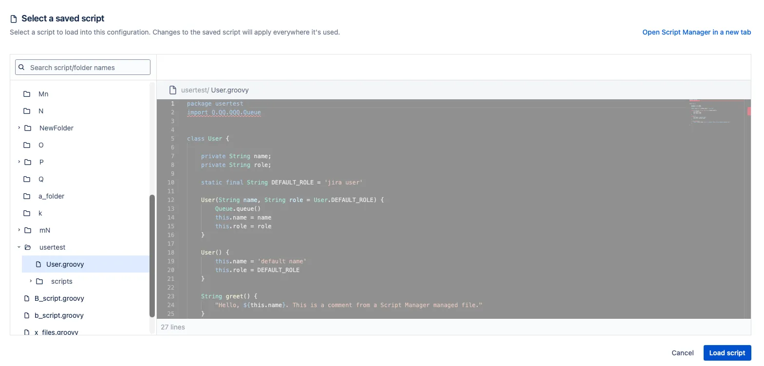 Load script window showing a list of saved scripts available for reuse