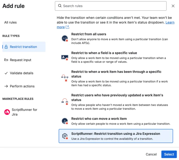 Restrict transition rule options with the ScriptRunner: Restrict transition using a Jira Expression condition selected in Jira