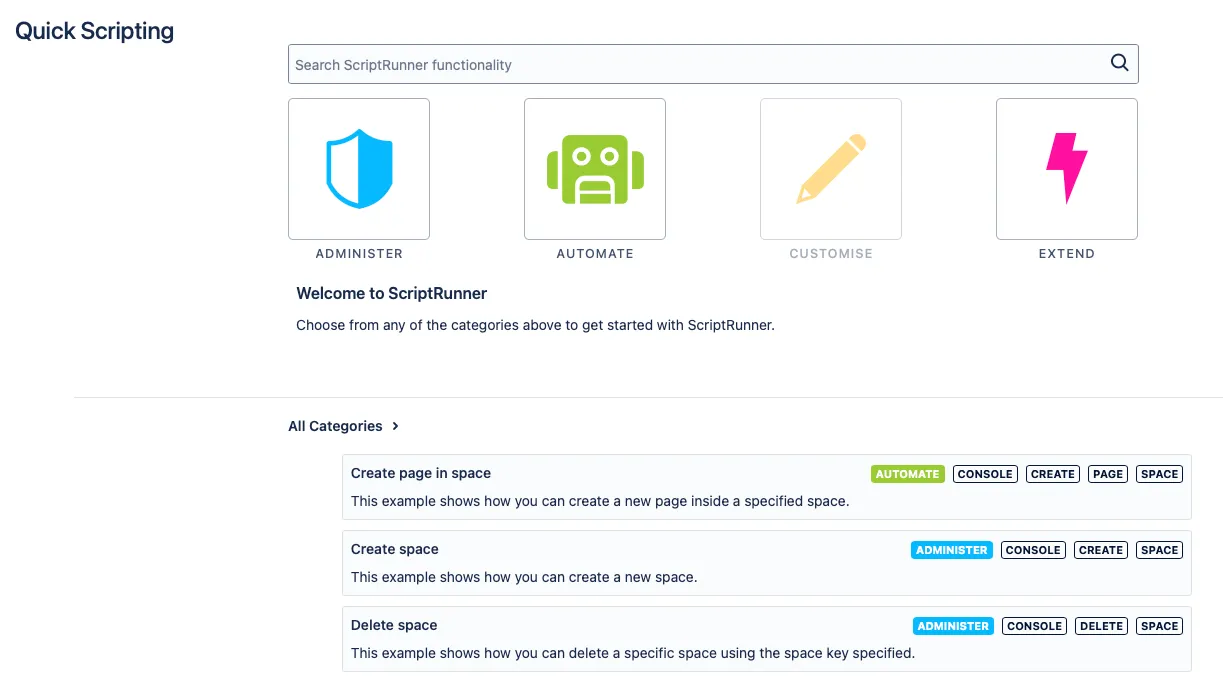 The ScriptRunner for Confluence Cloud Quick Scripting page.