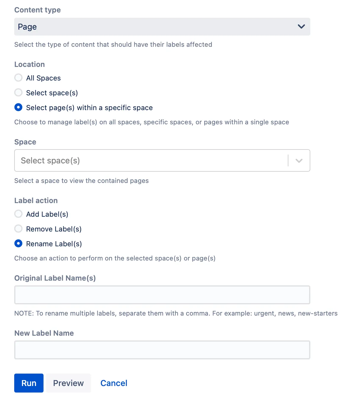 Script form with example content to rename a label.