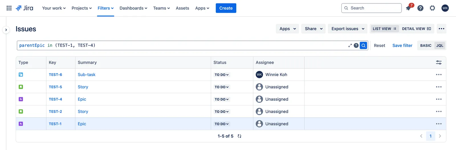 Issue Navigator search results showing issues returned by the query parentEpic in (TEST-1, TEST-4), including issue TEST-6.