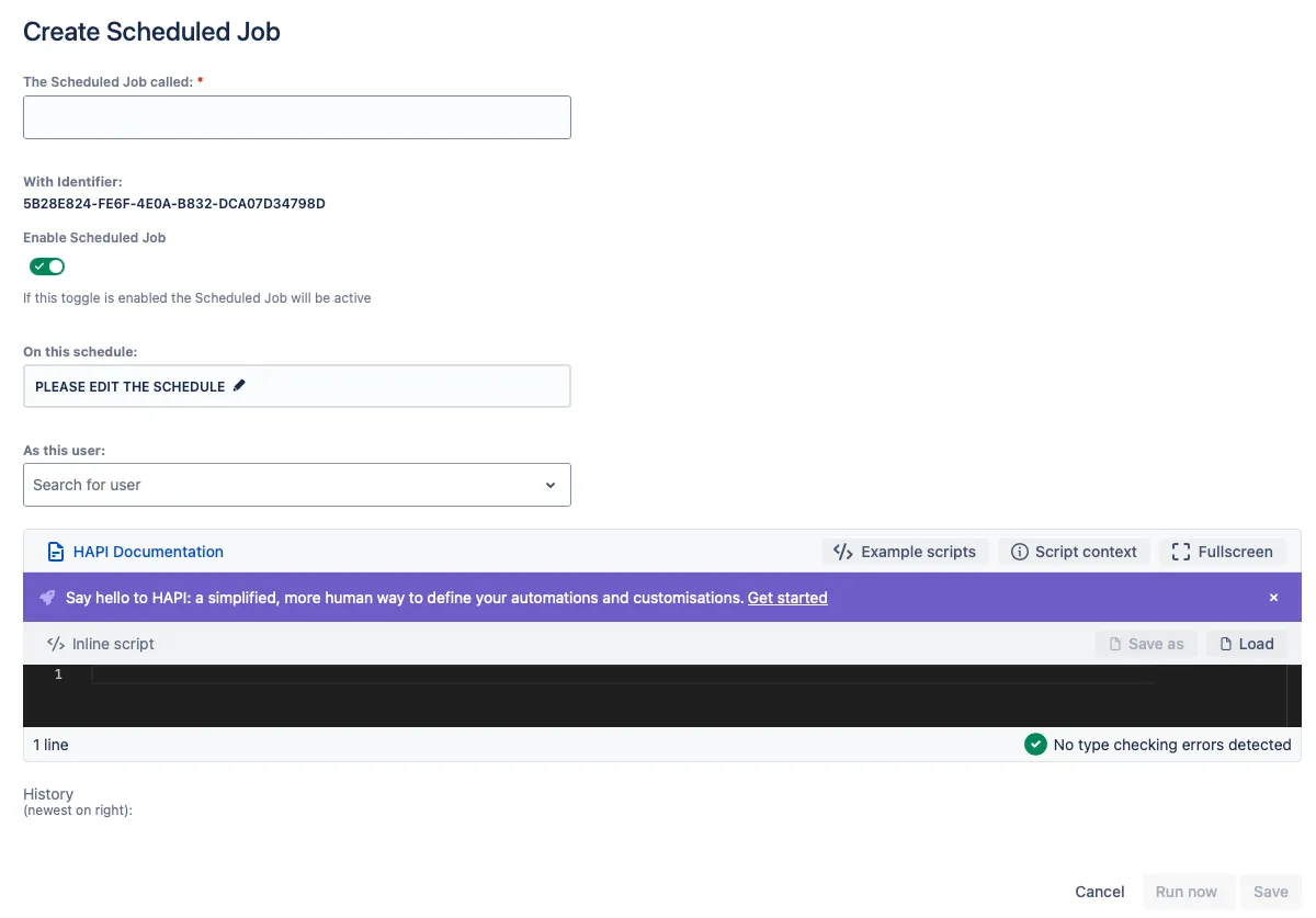 Create Scheduled Job screen with fields for job name, enable toggle, schedule, user, and code editor
