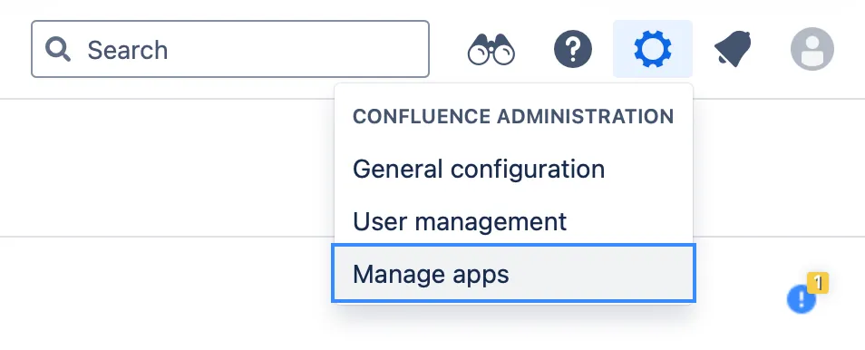 Confluence Admin menu with Manage Apps highlighted