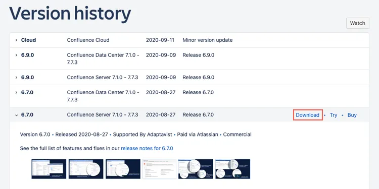 This image shows the Download button highlighted on the right side of the version listing on the Version History screen.