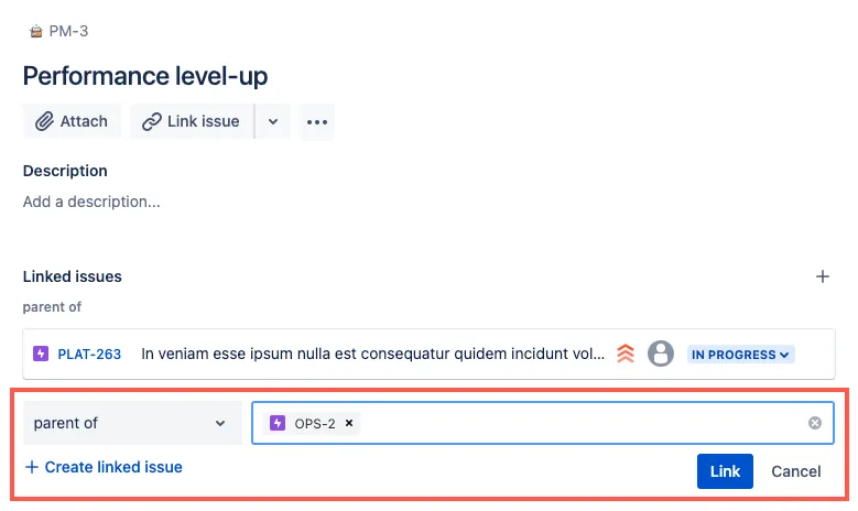 Jira issue window showing the Linked issues section with a search field and list of matching issues for creating a link