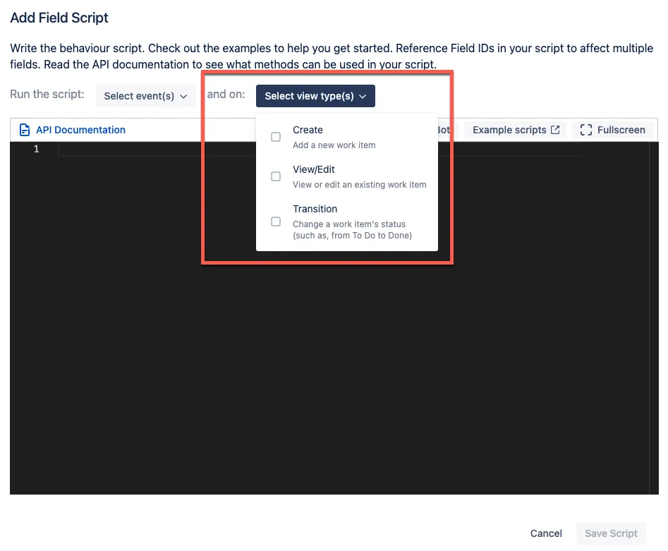 Selecting view types for a behaviour script in Jira
