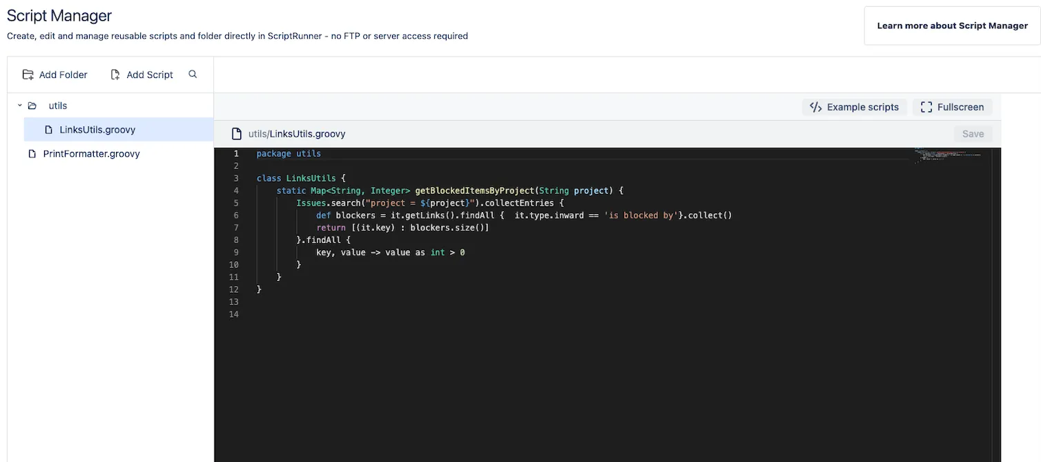Screenshot of the reusablescript.groovy script in Script Manager, showing the greet method that prints a greeting when the script is loaded.